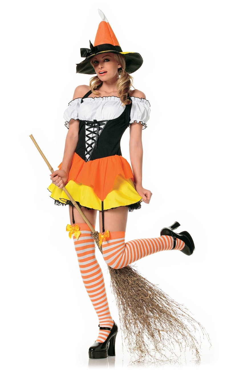 Blonde Witch wearing Orange and White Opaque Stockings and Colored Short Dress